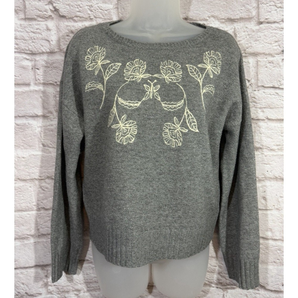 Haute Hippie Cottagecore Grey Floral Butterfly Embroidered Sweater Womens‎ M